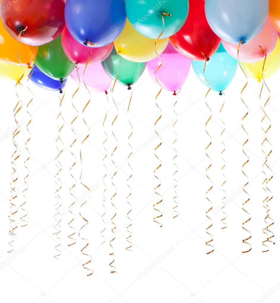 Colourful balloons filled with helium and with golden streamers Stock