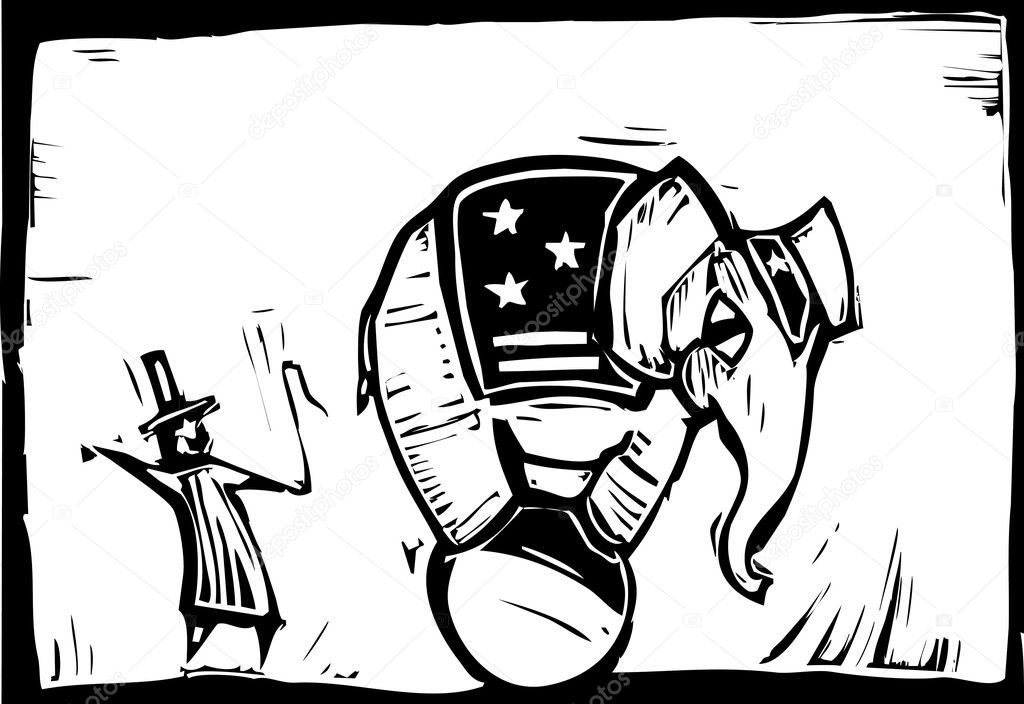 Circus elephant in stars and stripes balances on a ball .