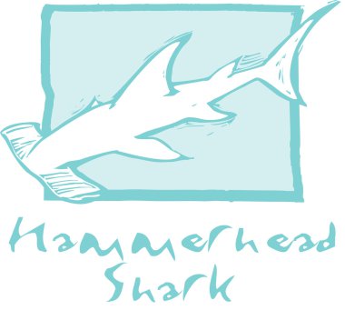 Hammerhead shark swims in the ocean in woodcut style image. clipart