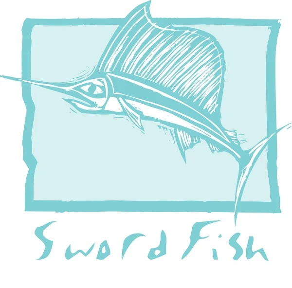 Leaping Swordfish Ocean Woodcut Style Image — Stock Vector
