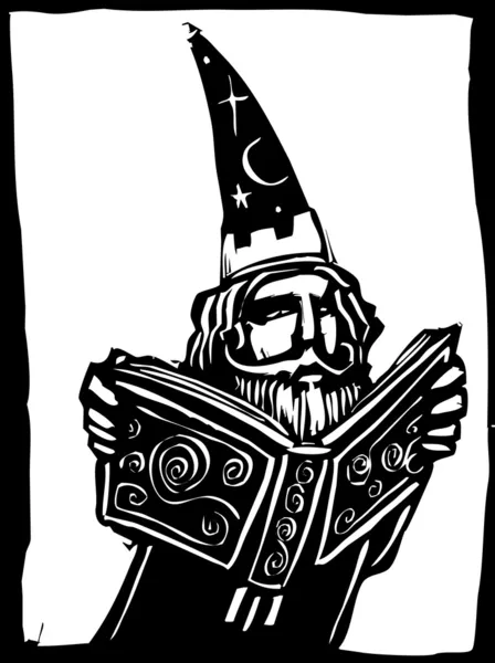 Волшебник Высокой Шляпе Читает Волшебную Книгу — стоковый вектор
