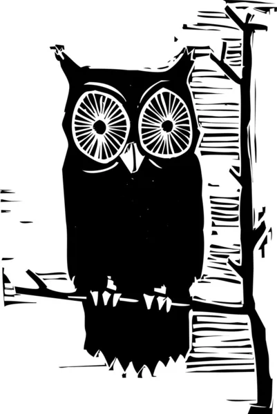 Woodcut Owl Tree Looking You — Stock Vector