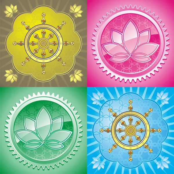 Set of oriental pattern with lotus and dharmacakra — Stock Vector