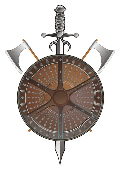 Escudo de batalla con hachas y espada final aislado en blanco — Vector de stock