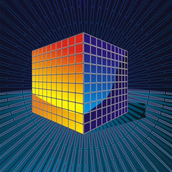 Cubo de color que consta de miles de cubos en el espacio — Vector de stock