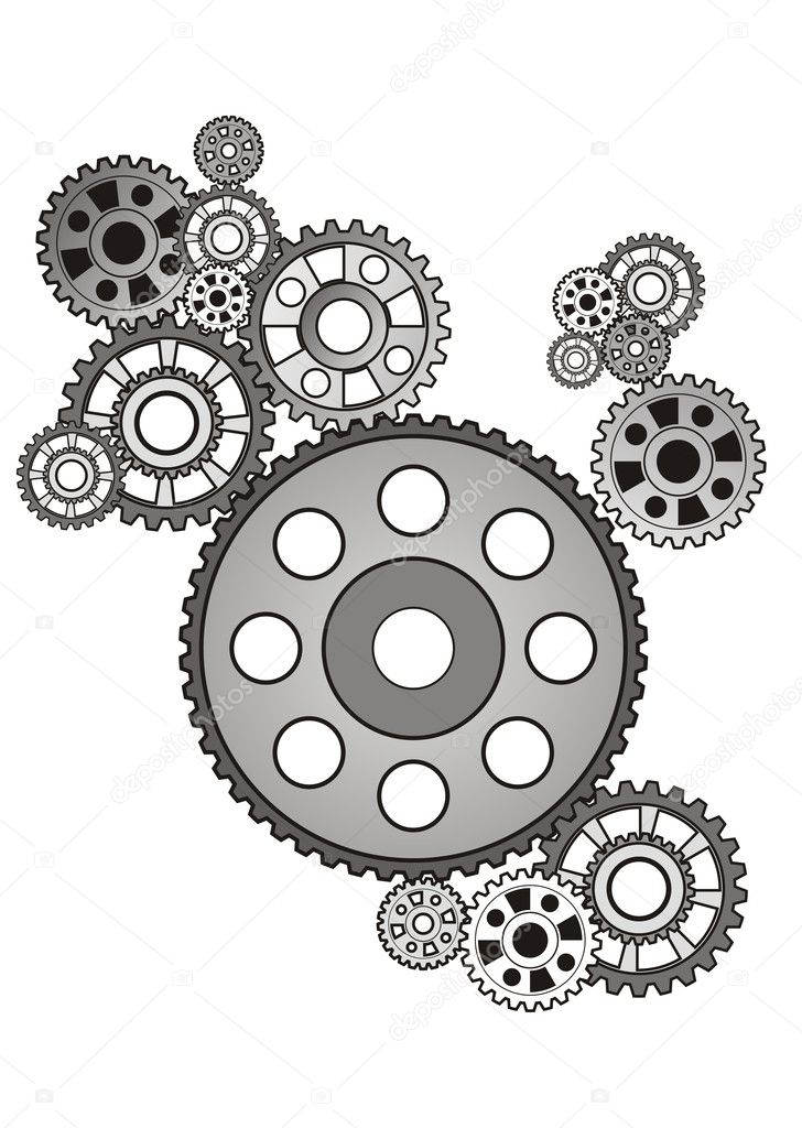 Industrial still life - arrangement of gears, isolated on white