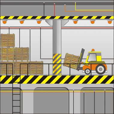 Electric forklift in an industrial zone with a wooden boxes clipart