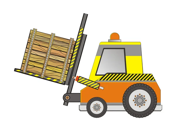 Elektrikli forklift kamyon üzerinde beyaz izole bir ahşap kutu — Stok Vektör