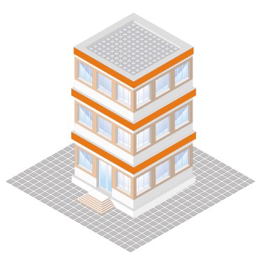 Isometric projection of a three-storey building, isolated on white clipart