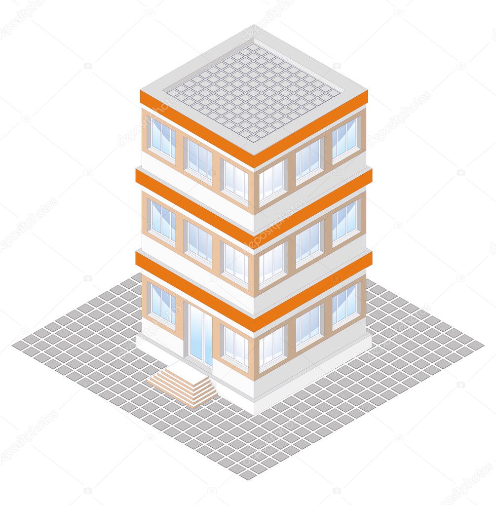 Isometric projection of a three-storey building, isolated on white