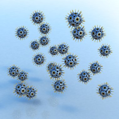 Chrome-golden viruses hovering over blue surface clipart