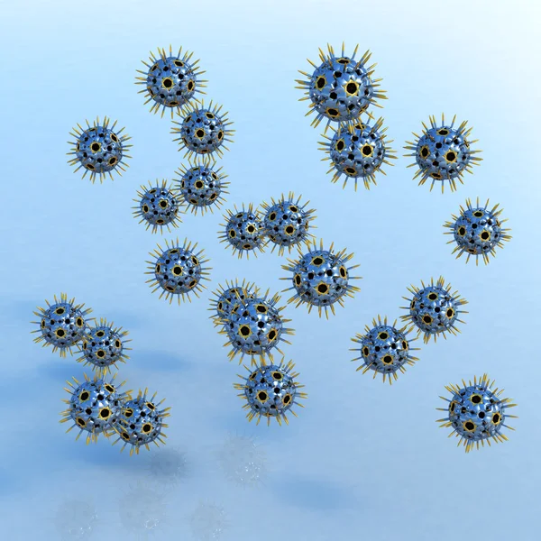 stock image Chrome-golden viruses hovering over blue surface