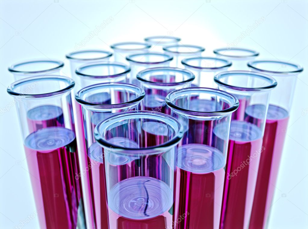 Sixteen test tubes with pink fluid and shallow DOF