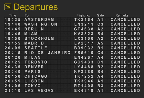 国际机场离境董事会与所有航班被取消 — 图库照片