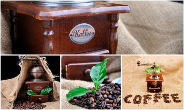 Collage vintage coffee grinder, sign coffe from coffee granules and coffee clipart