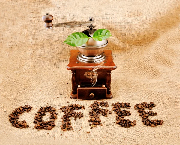 Урожай кавомолка і знак кави з гранул кави Стокова Картинка