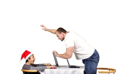 Man threaten child in santa hat because of lose game clipart