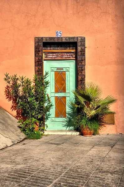 마라 케시에서 식물을 가진 오래 된 문 스톡 이미지