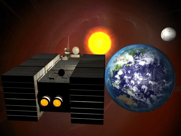 Garbage ship in Sun system over Earth — Stock Photo, Image