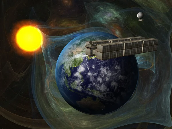 Garbage ship in Sun system over Earth — Stock Photo, Image