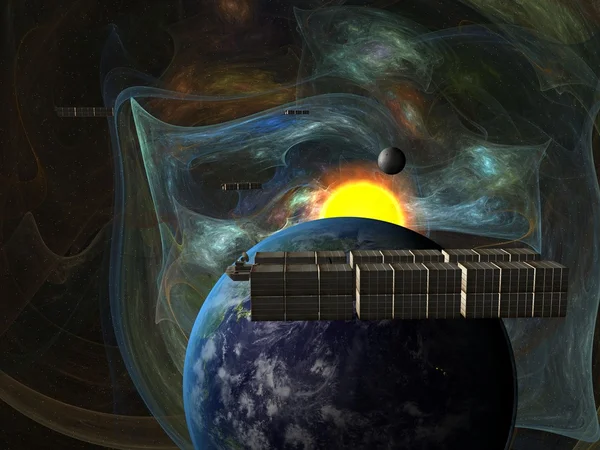Nave de lixo no sistema solar sobre a Terra — Fotografia de Stock