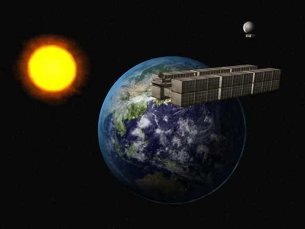 Müllschiff im Sonnensystem über der Erde Stockbild