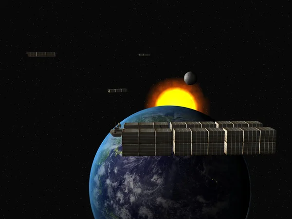 Müllschiff im Sonnensystem über der Erde Stockbild