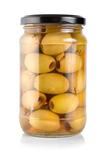 Canned Green Olives Isolated White Background — Stock Photo, Image