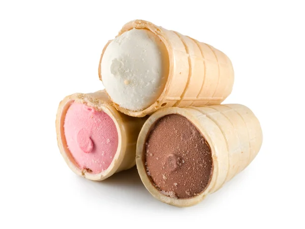 Három Különböző Ízesít Ból Fagylalt Kúpok Csokoládé Vanília Eper — Stock Fotó