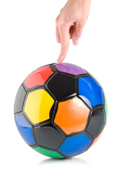 Bola de futebol na mão isolada — Fotografia de Stock