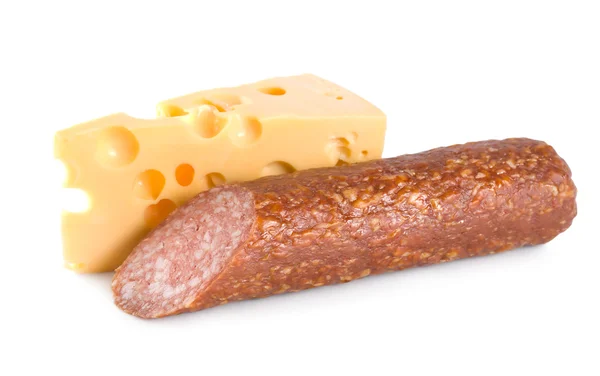 チーズとソーセージの白い背景で隔離 — ストック写真