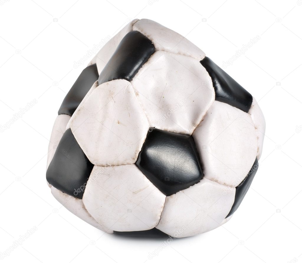 Deflated soccer ball isolated on white background.