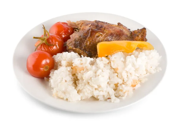 Gekookte Rijst Met Kip Geïsoleerd Een Witte Achtergrond Pad — Stockfoto