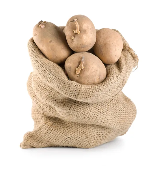 Rohe Kartoffeln Hessischen Sack Isoliert Auf Weißem Hintergrund — Stockfoto