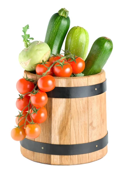 Wooden Barrel Vegetables Isolated White Background — Stock Photo, Image