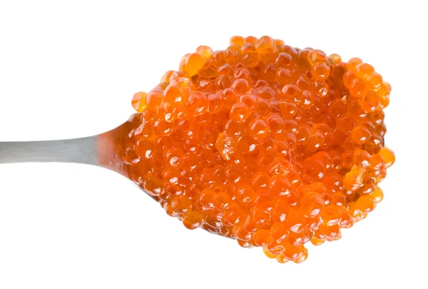 Grande Caviar Vermelho Colher Isolada Sobre Fundo Branco — Fotografia de Stock