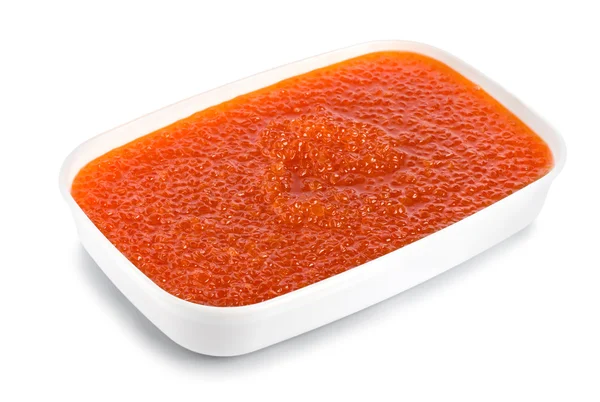 Roter Kaviar Einem Plastikbehälter Isoliert Auf Weißem Hintergrund Pfad — Stockfoto