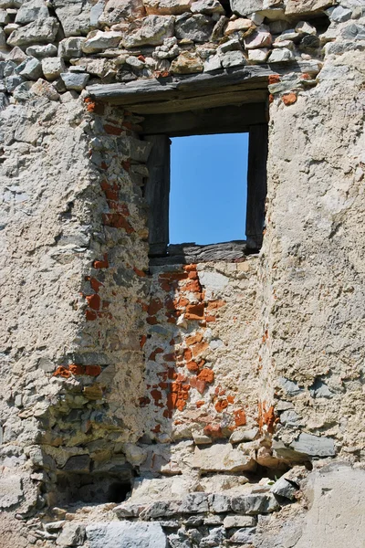 Damaged Stone Wall Obsolete Wooden Window — Stock Fotó