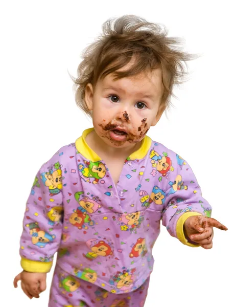 Hermoso Bebé Con Cara Sucia Chocolate Aislado Blanco Mostrar Dedo — Foto de Stock