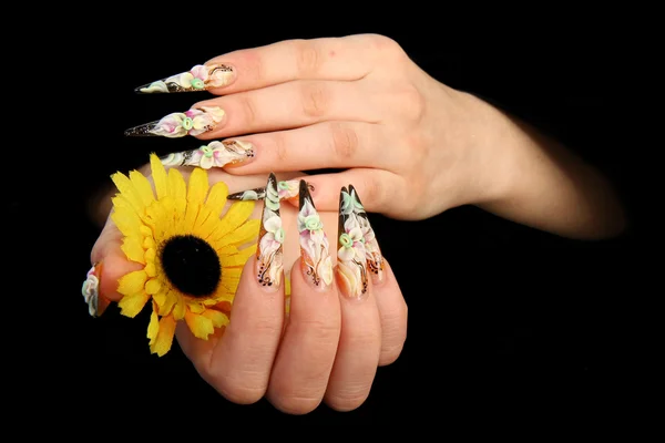 Dedos humanos com unhas longas e bela manicure isolado em preto — Fotografia de Stock