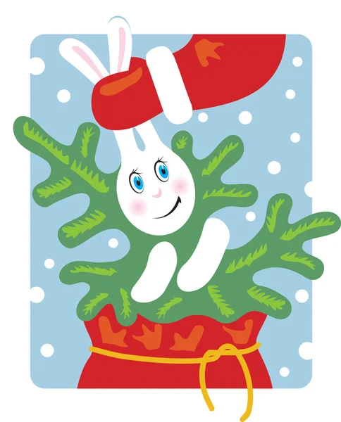 Santa saca un conejo de la bolsa. Conejo guarda un tr de Navidad — Vector de stock