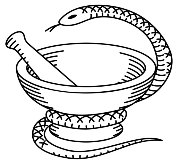 Farmaceutische Mortier, de stamper en een slang. — Stockvector