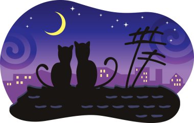 Lovers cats sitting on the roof of the house and look at the moon. clipart