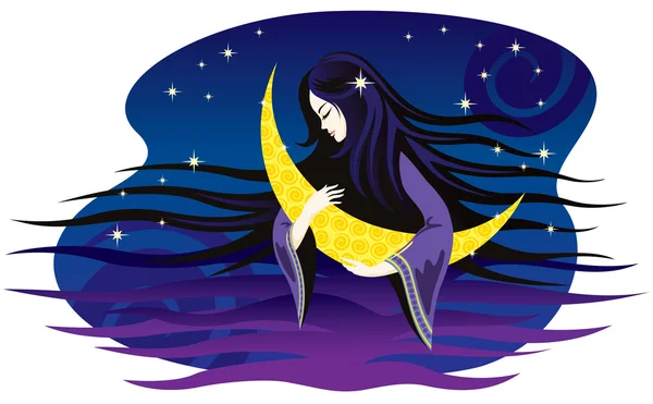 Girl Night Sings Lullaby Moon Vector Illustration — Stock Vector