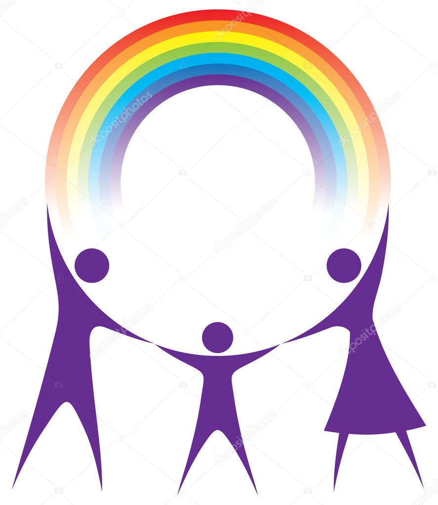 Happy family holding a rainbow in your hands.