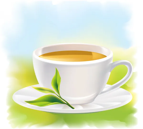 Filiżankę herbaty i naturalny, zielony liść. słoneczny krajobraz. — Wektor stockowy