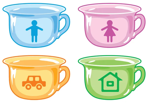 Petit pot pour enfants lumineux avec des silhouettes de garçon, fille, voiture, maison . — Image vectorielle