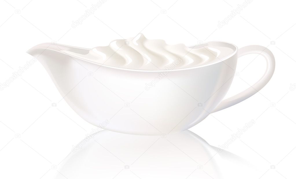 White sauceboat with sour cream. Vector illustration.