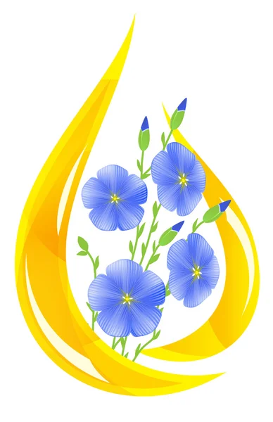 Leinöl. stilisierte Tropfen Öl und Flachsblumen im Inneren. — Stockvektor