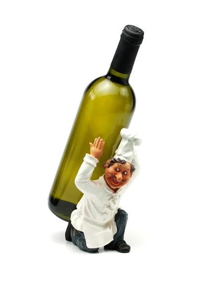 Figurita de cocinero con botella de vino — Foto de Stock